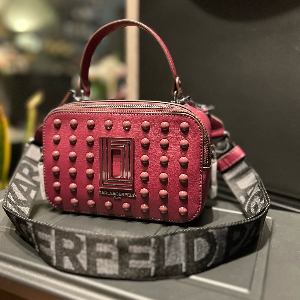 Karl Lagerfeld Paris Women's Simone Studded Leather Camera Bag in Magenta, NWT